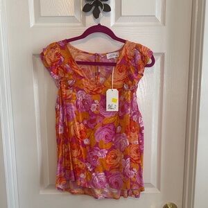 Emily Wonder Floral Ruffle Sleeve Blouse - Pink and Orange Medium NWT